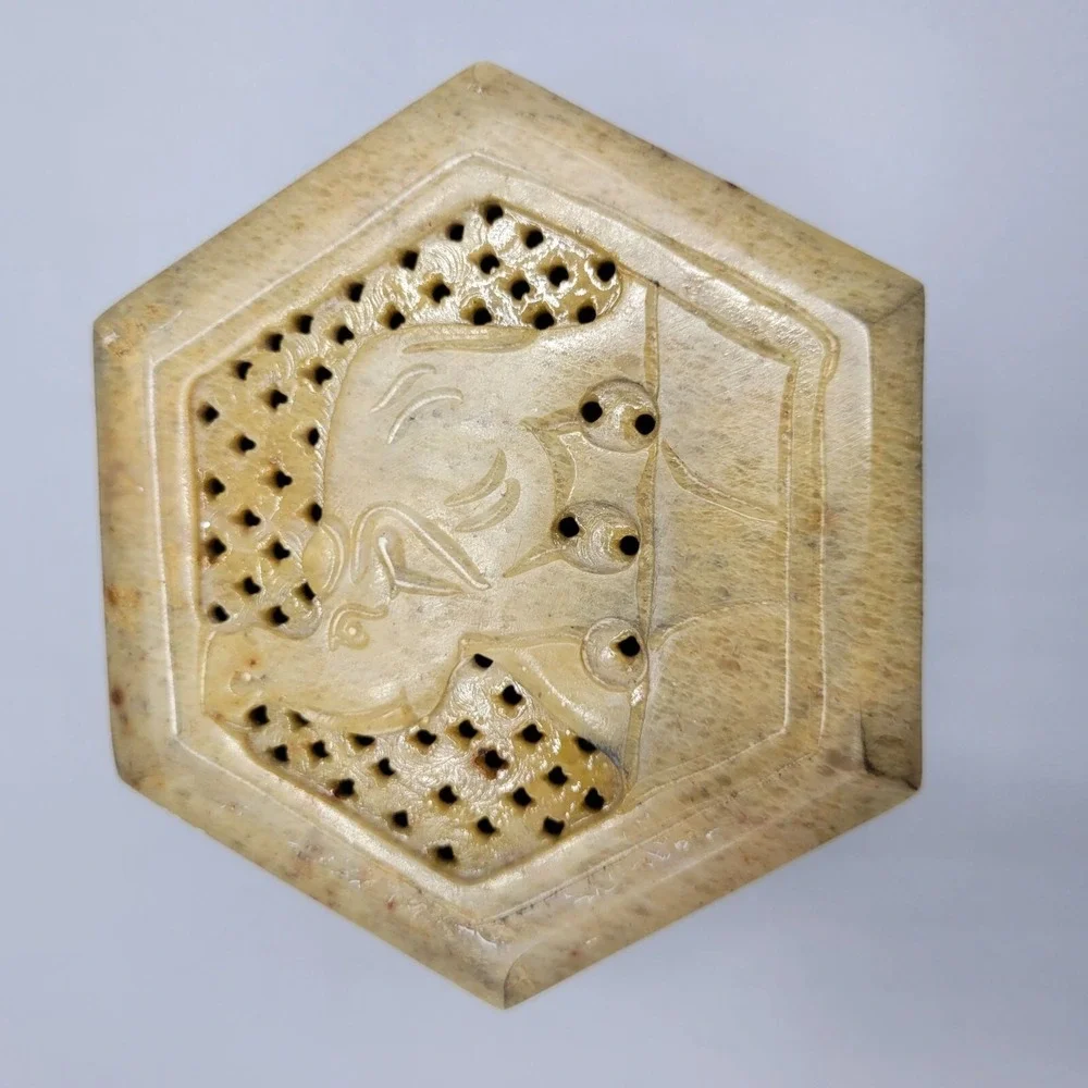 Vintage Carved Soapstone Hinged Trinket Box Trunk Up Elephant Hexagon Box